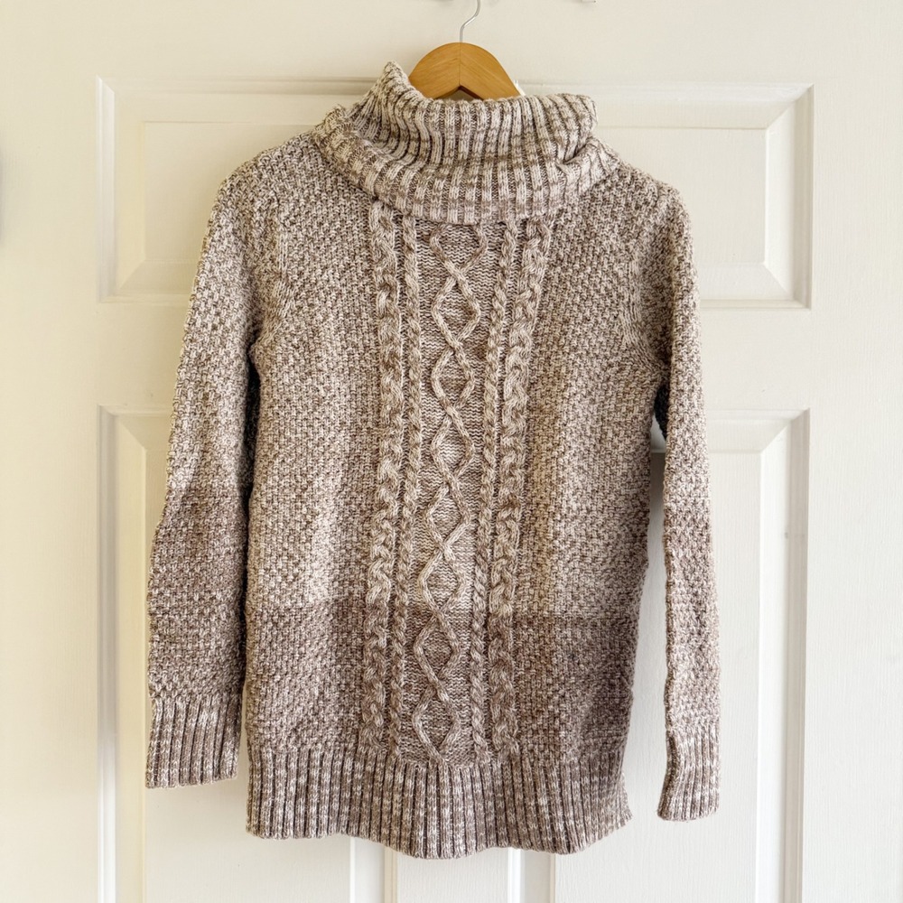 Banana Republic Turtleneck Cable Knit Chunky Sweater Cotton Size XS Brown Marled